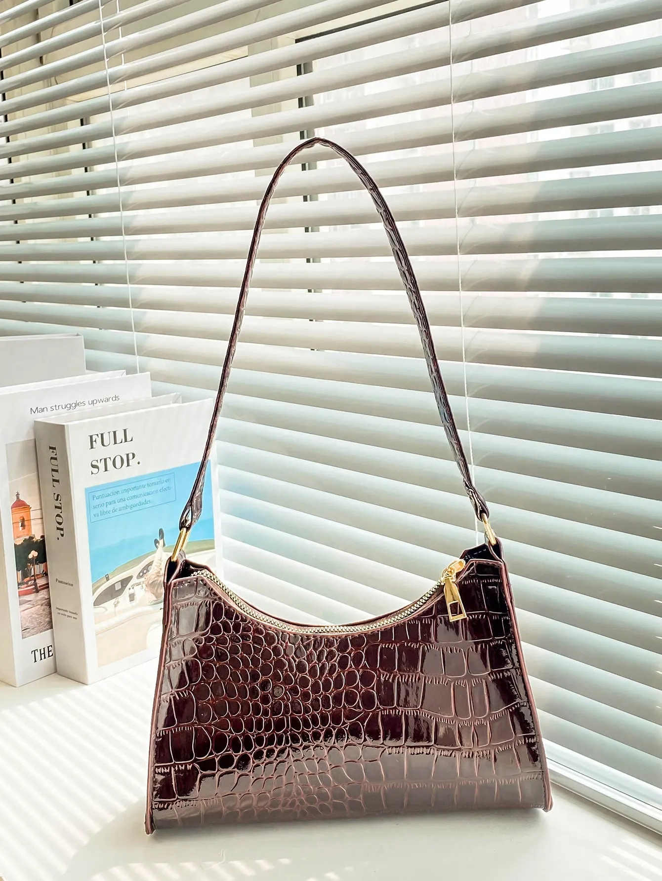 Minimalist Croc Embossed Baguette Bag