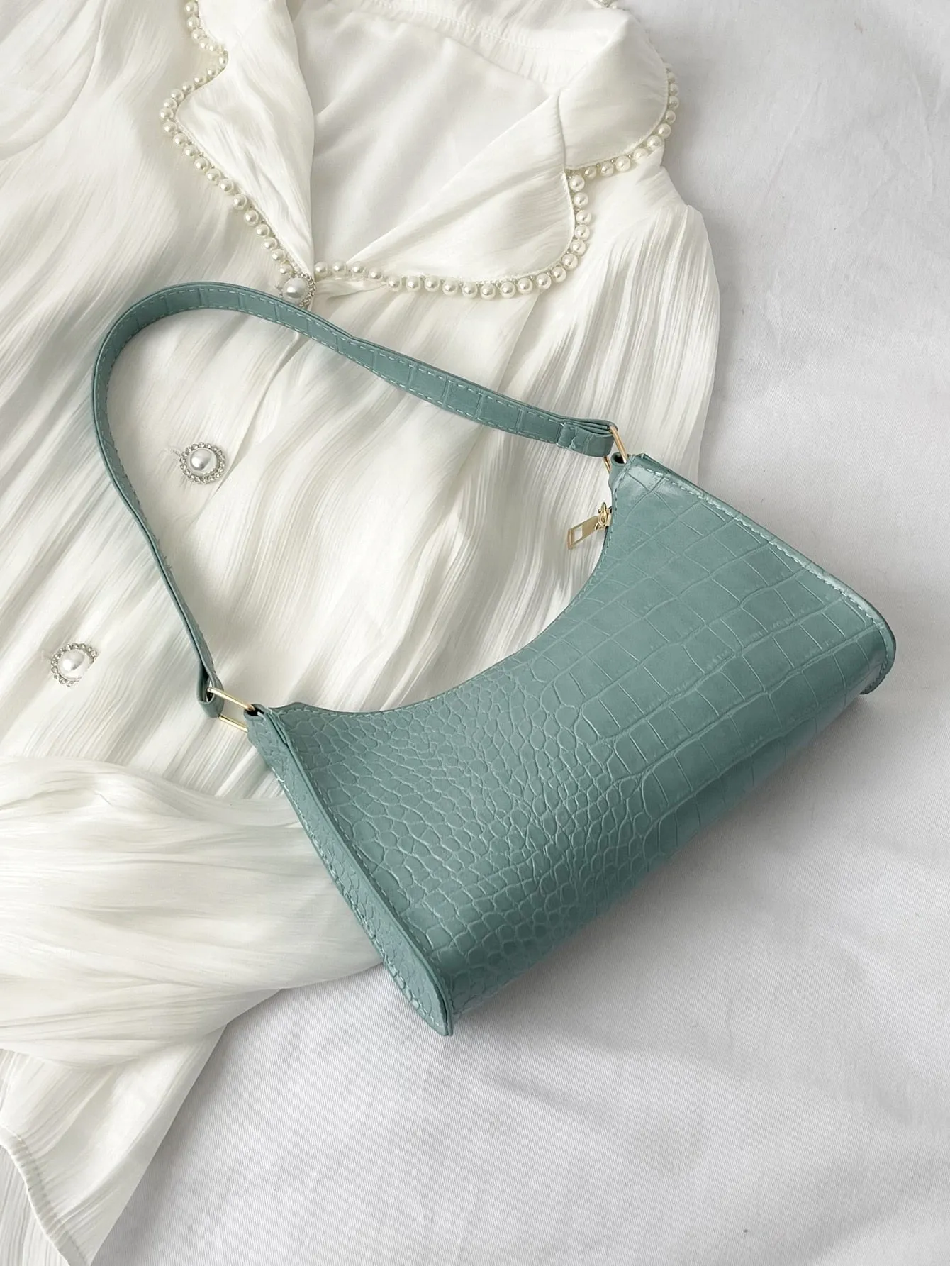 Minimalist Croc Embossed Baguette Bag