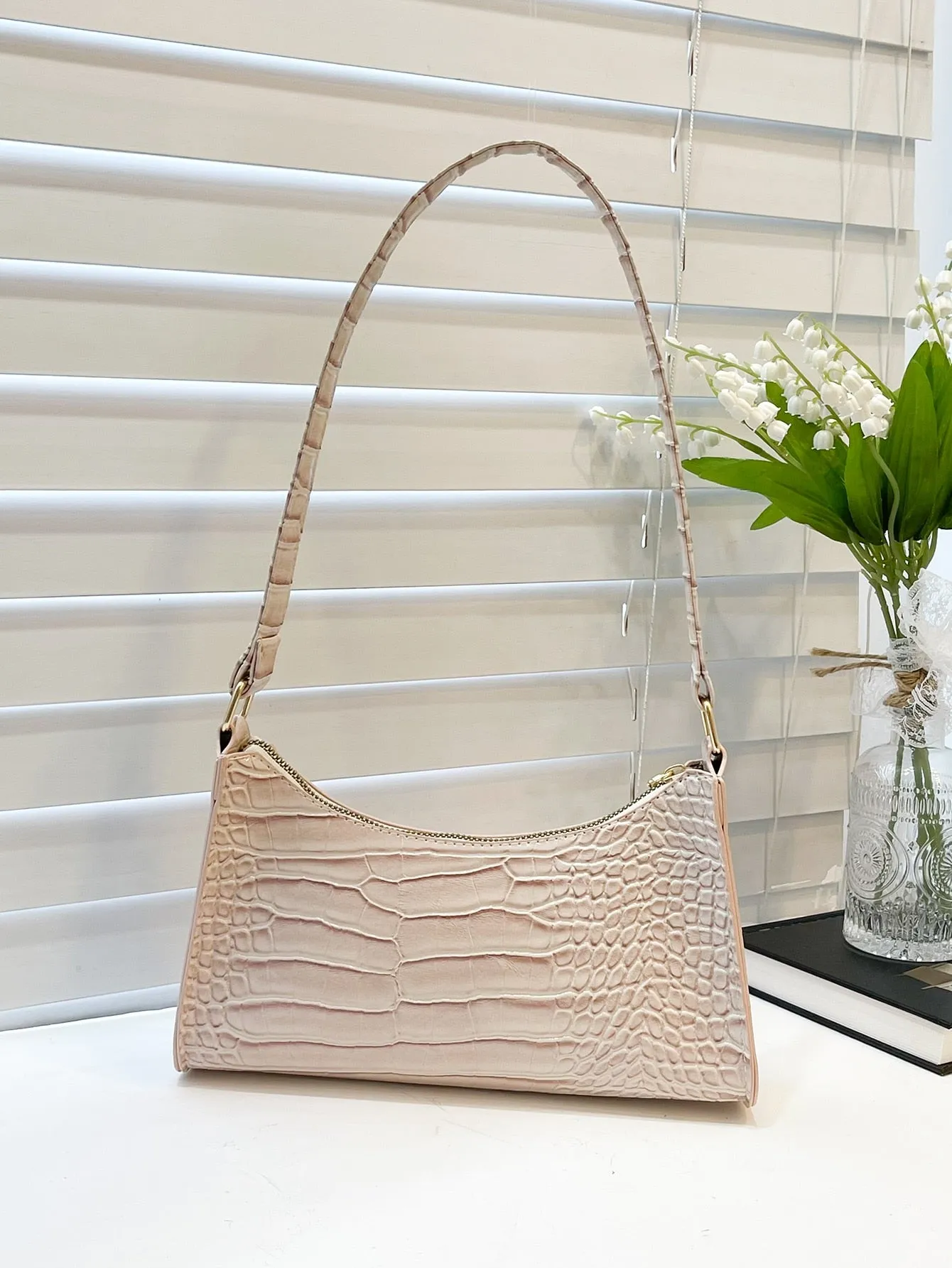 Minimalist Croc Embossed Baguette Bag