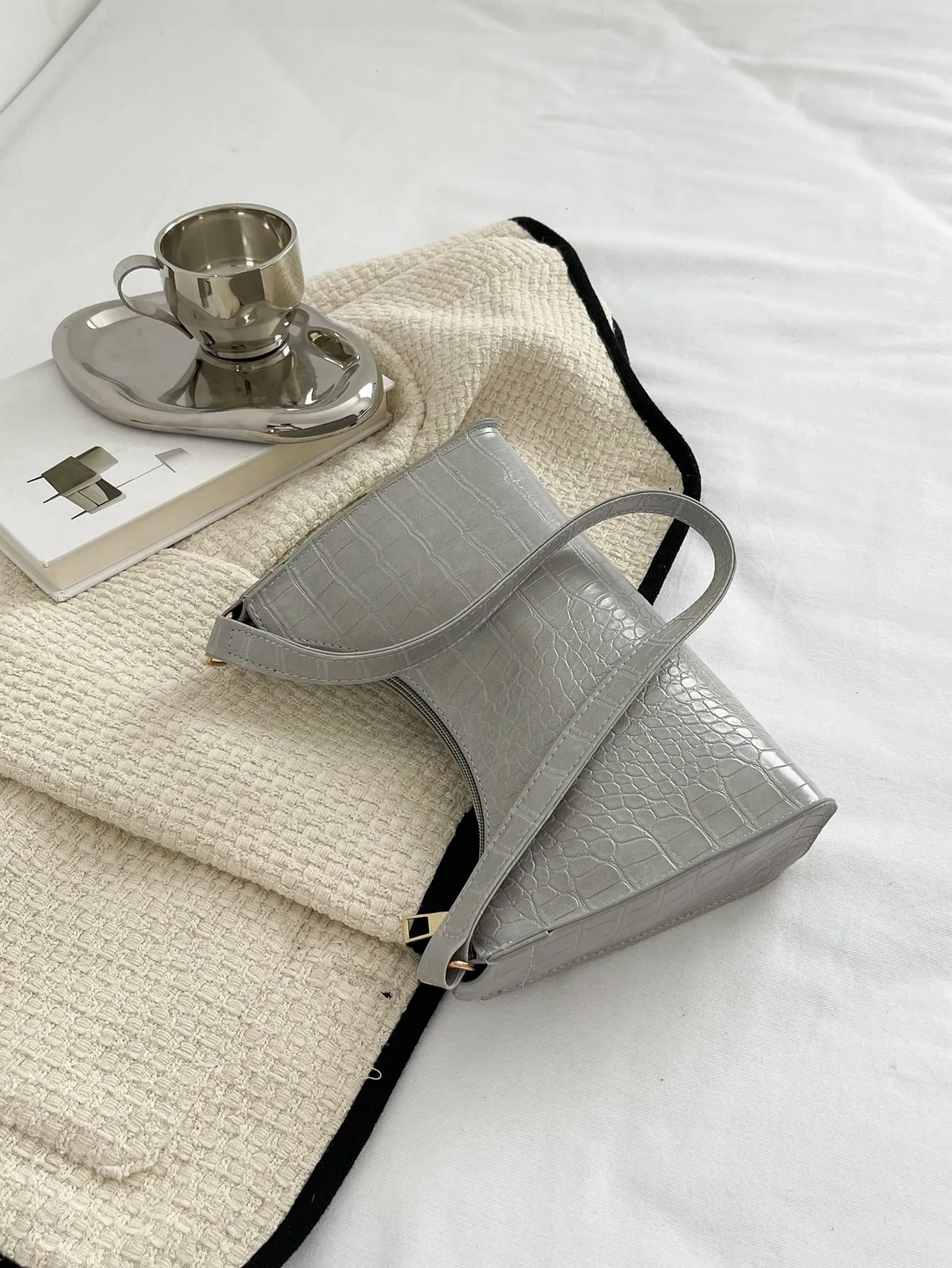 Minimalist Croc Embossed Baguette Bag