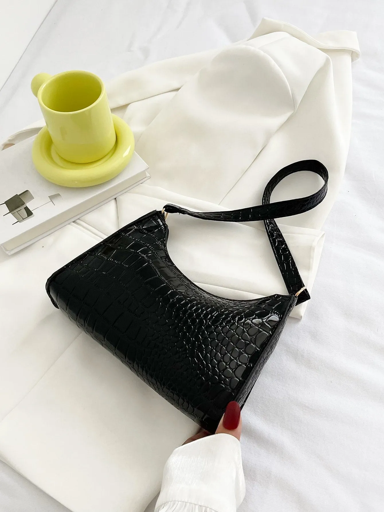 Minimalist Croc Embossed Baguette Bag