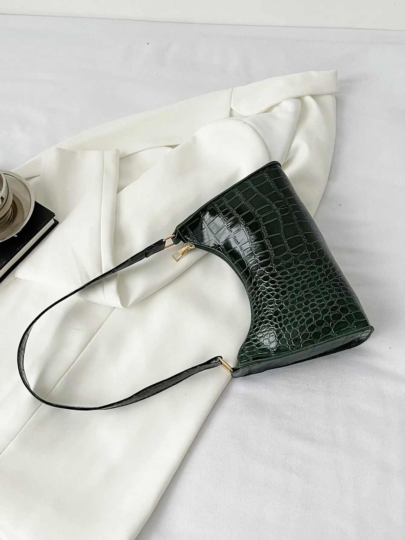 Minimalist Croc Embossed Baguette Bag