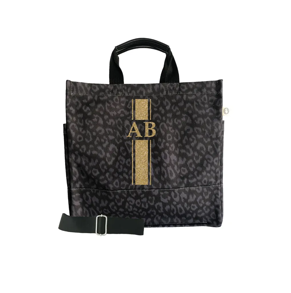 Monogram Stripe: Luxe North South Bag- Black Leopard