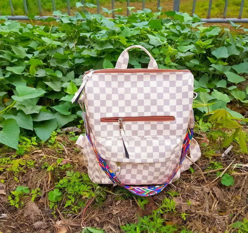 Retro Faux Leather Check Pattern Print Rucksack Vegan Backpack Tote