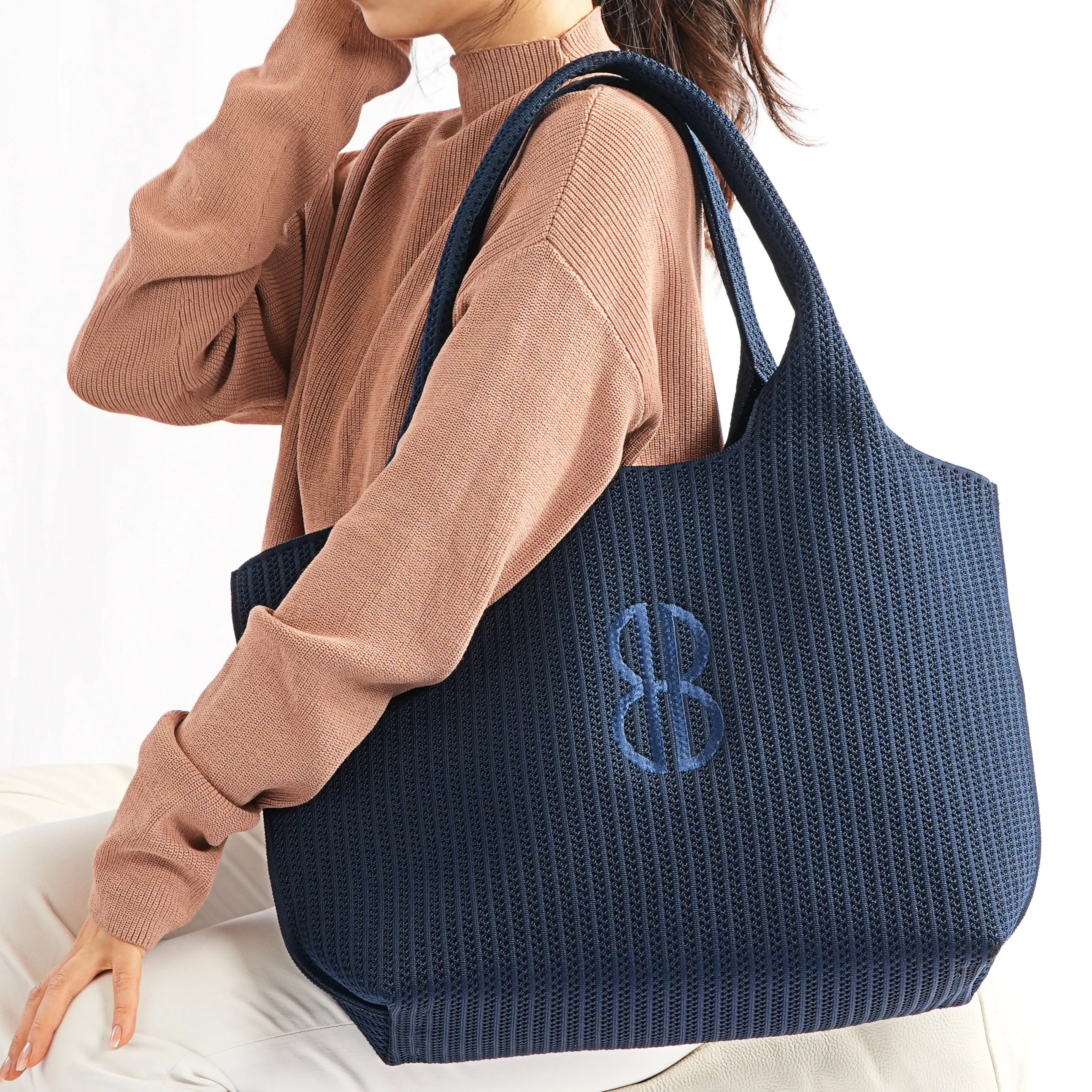 Sutton City Tote - Navy Stripe Monogram - Large