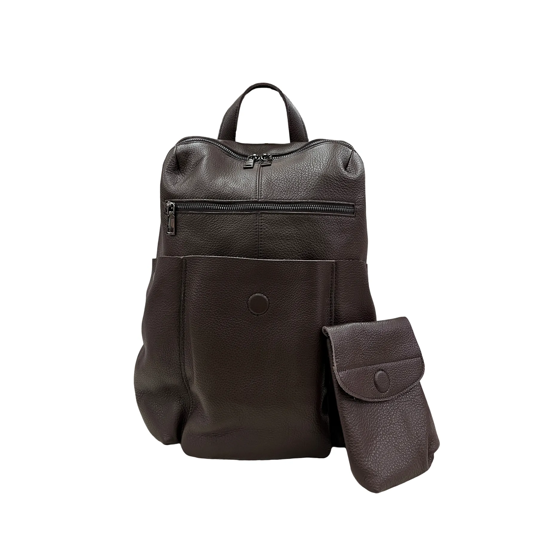 Unisex cowhide leather backpack Snap design with strap pouch